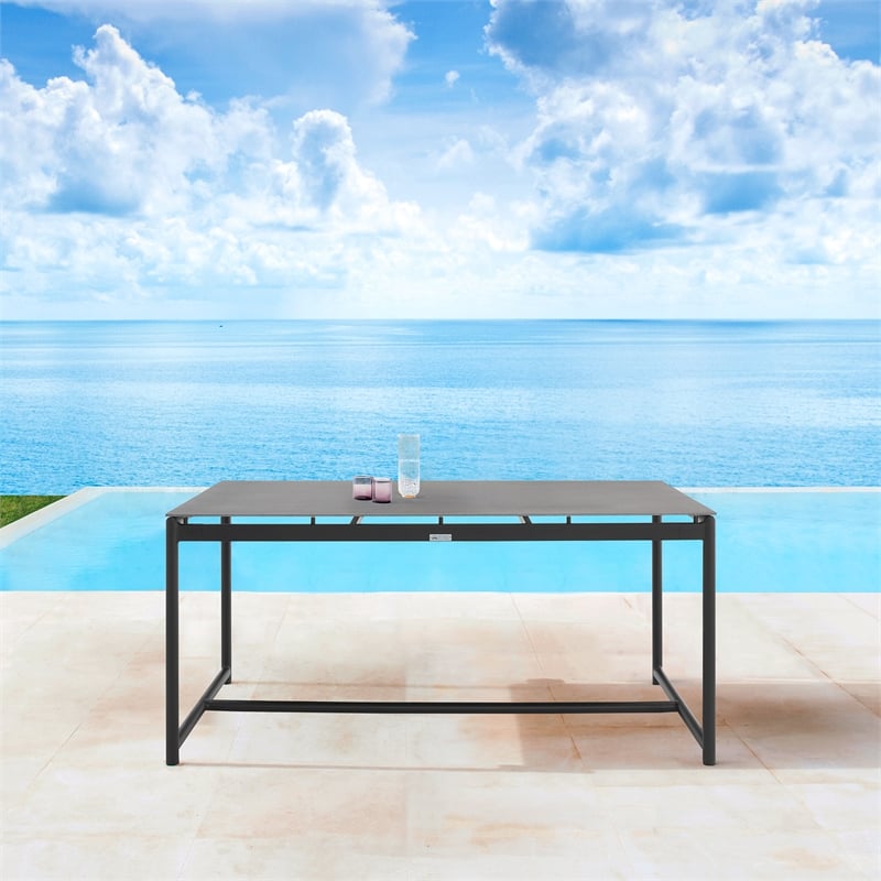 Armen Living Royal Outdoor Aluminum Dining Table with Stone Top in Black/Gray