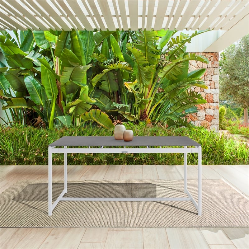 Armen Living Royal Outdoor Aluminum Dining Table with Stone Top in White/Gray