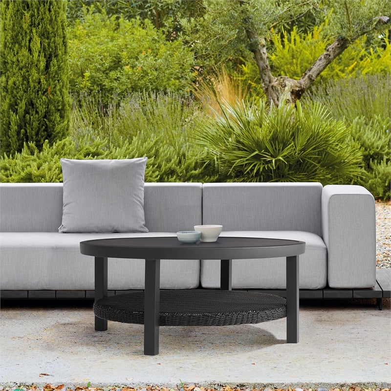 Armen Living Grand Round Aluminum Outdoor Conversation Table in Black