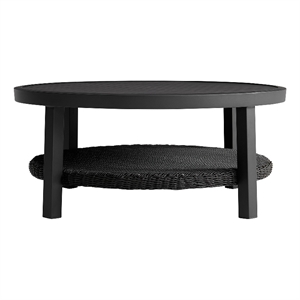grand black aluminum outdoor round conversation table wicker shelf
