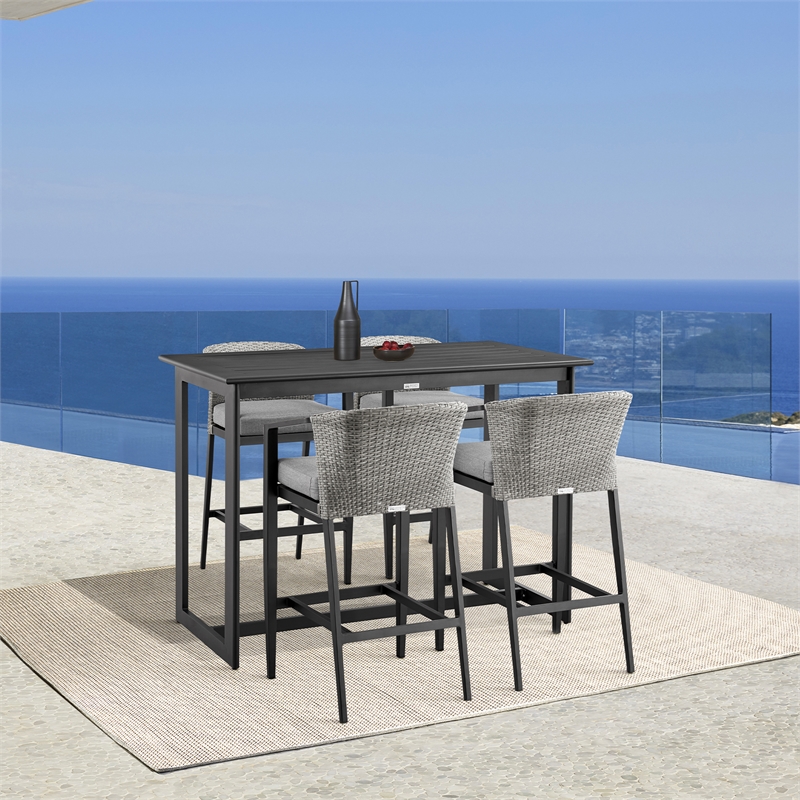 Armen Living Aileen 5-Piece Aluminum Patio Bar Table Set in Black/Gray