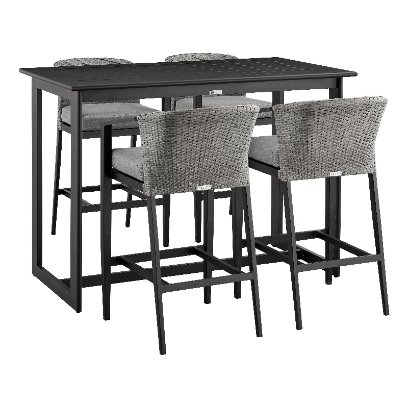 Armen Living Aileen 5-Piece Aluminum Patio Bar Table Set in Black/Gray