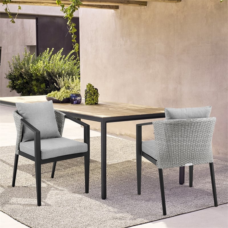 Armen Living Aileen Outdoor Fabric/Rattan Dining Chairs in Gray/Black (Set of 2)