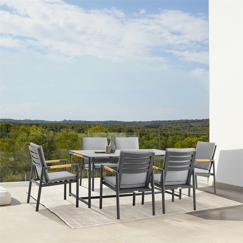 Armen Living Royal 7-Piece Outdoor Modern Aluminum Dining Set in Black/Dark Gray