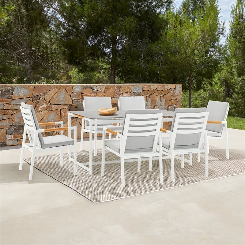 Armen Living Royal 7-Piece Outdoor Aluminum Dining Set in White/Light Gray