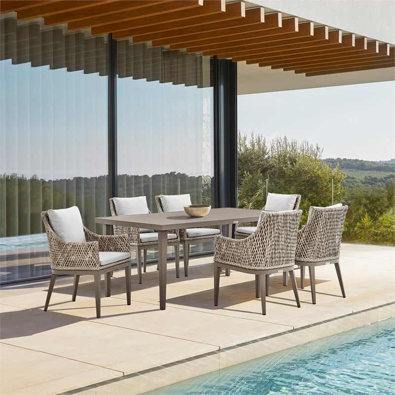 Armen Living Silvana 7-Piece Outdoor Fabric/Aluminum Dining Set in Gray/Brown