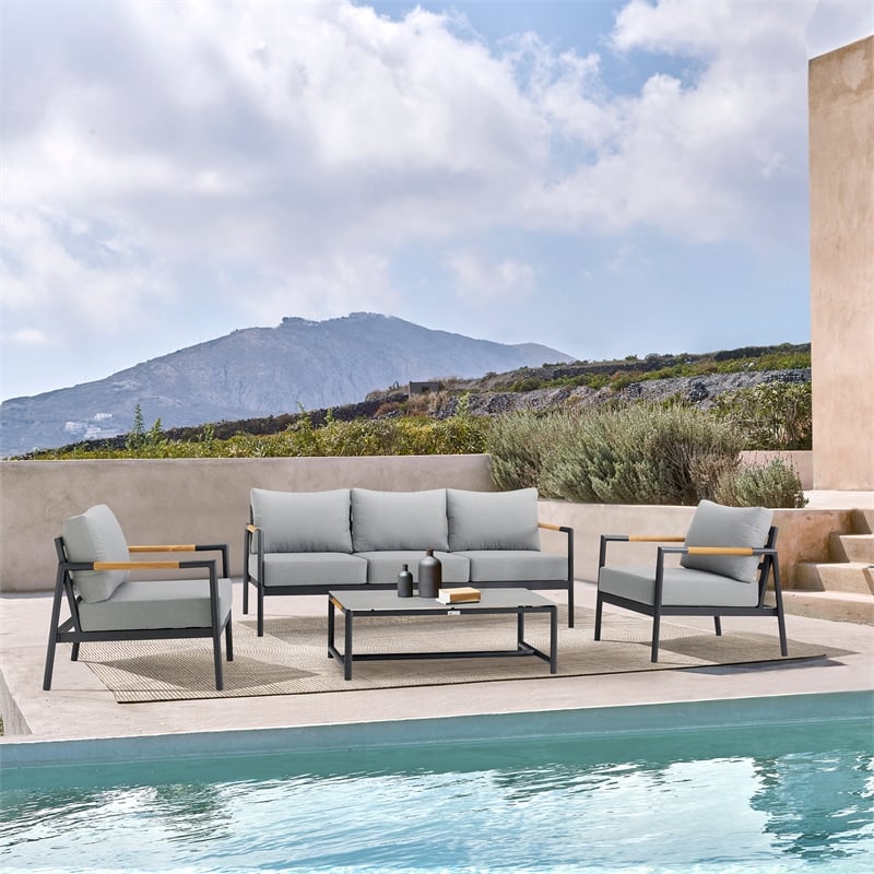 Armen Living Royal 4-Piece Aluminum Outdoor Seating Set in Black/Dark Gray