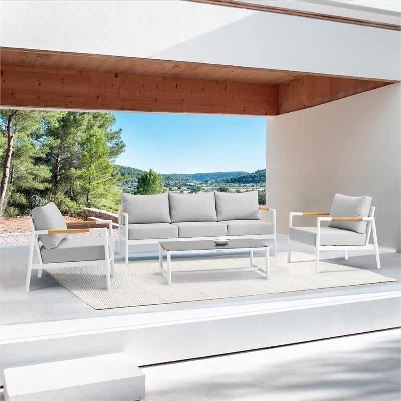 Armen Living Royal 4PC Outdoor Fabric & Aluminum Seating Set in White/Light Gray