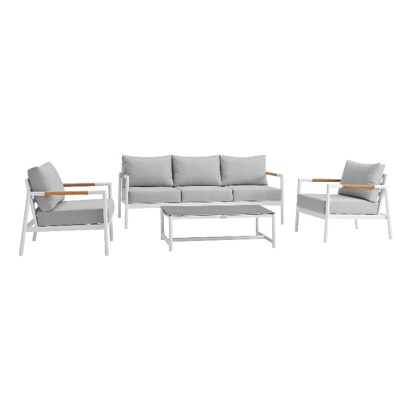 Armen Living Royal 4PC Outdoor Fabric & Aluminum Seating Set in White/Light Gray
