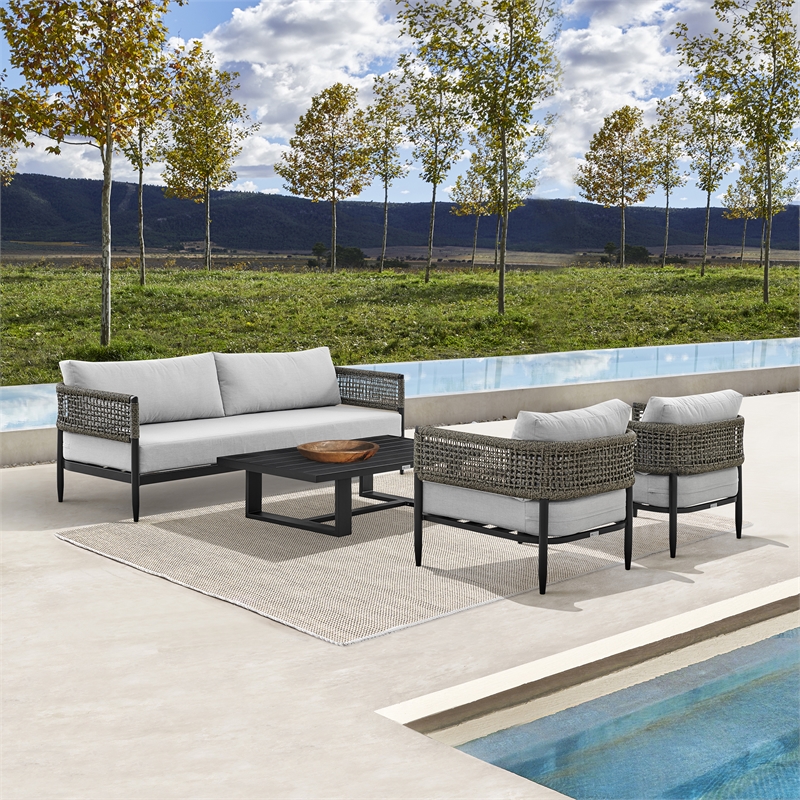 Armen Living Felicia 4PC Wicker / Rattan Outdoor Conversation Set in Black/Gray