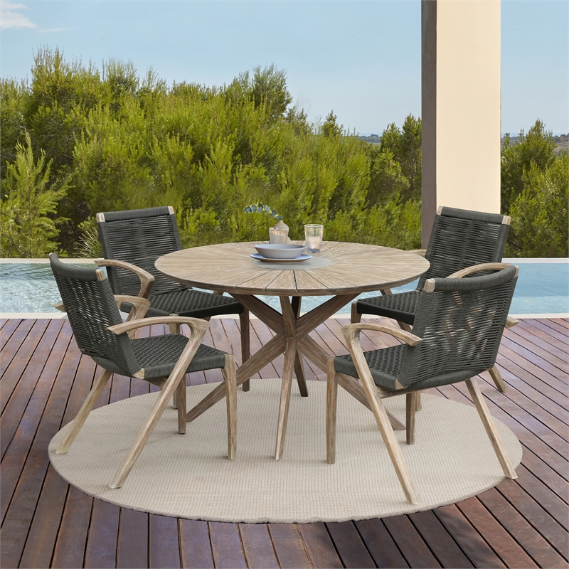 Armen Living Sachi 5-Piece Outdoor Wood/Concrete Dining Set in Light Brown/Gray
