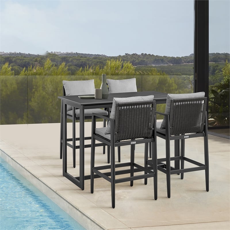 Armen Living Grand 5-Piece Aluminum & Fabric Patio Bar Table Set in Black/Gray