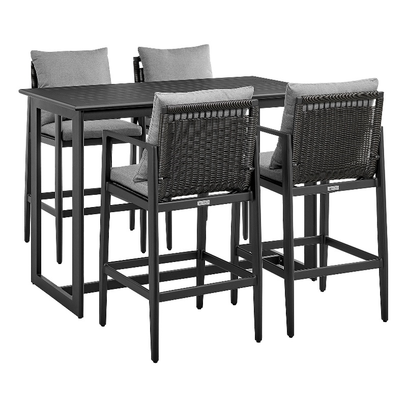 Armen Living Grand 5-Piece Aluminum & Fabric Patio Bar Table Set in Black/Gray