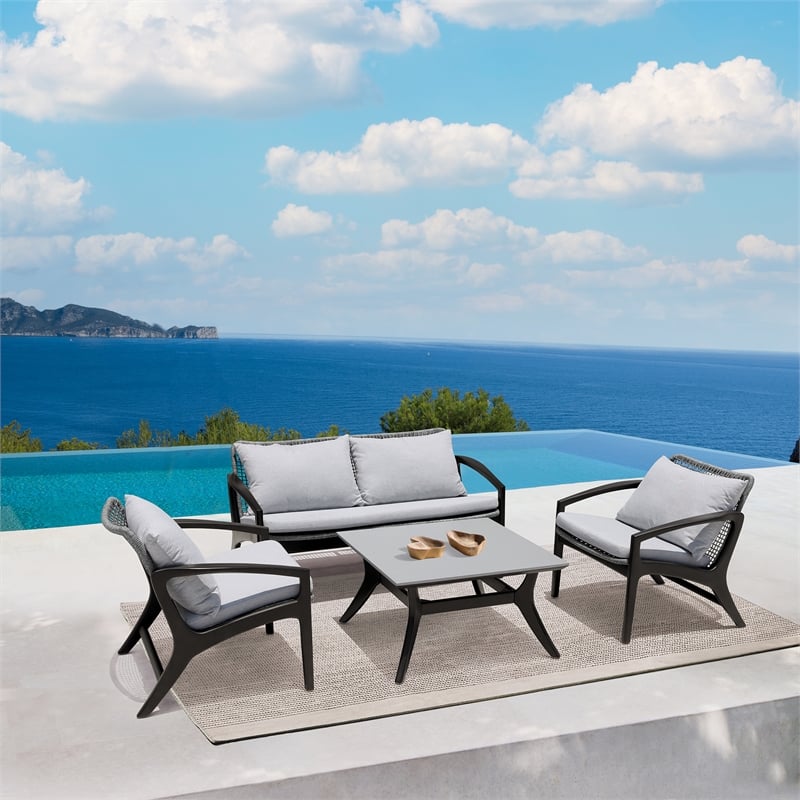 Armen Living Brighton 4-Piece Modern Wood & Fabric Outdoor Set in Gray/Black