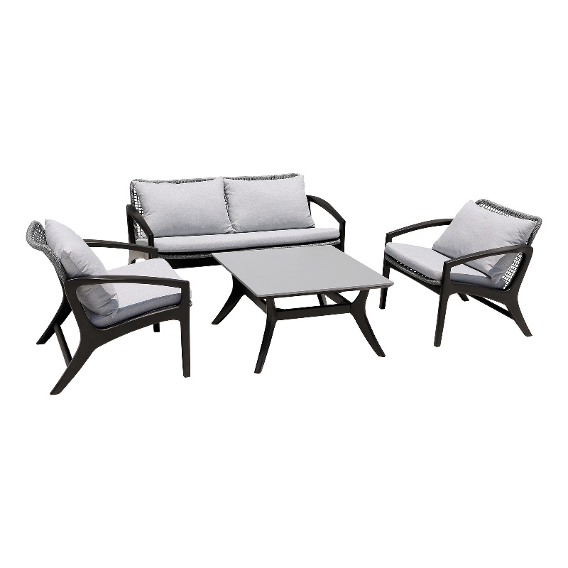 Armen Living Brighton 4-Piece Modern Wood & Fabric Outdoor Set in Gray/Black
