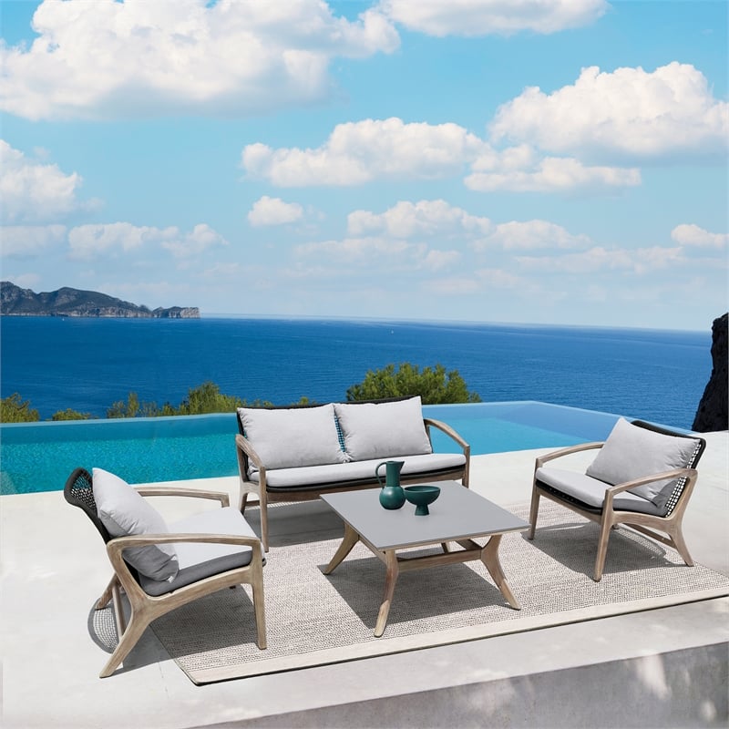 Armen Living Brighton 4-Piece Modern Wood/Fabric Outdoor Set in Natural/Charcoal