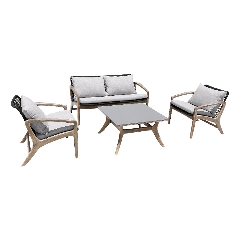 Armen Living Brighton 4-Piece Modern Wood/Fabric Outdoor Set in Natural/Charcoal
