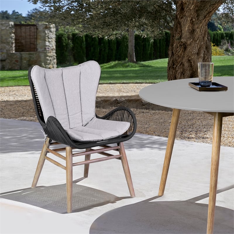 Armen Living Fanny Wood & Rope Outdoor Dining Chair in Natural/Charcoal