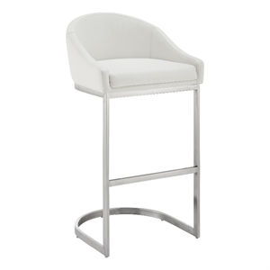 Armen Living Atherik 28&quot Faux Leather & Metal Bar Stool in White/Stainless Steel
