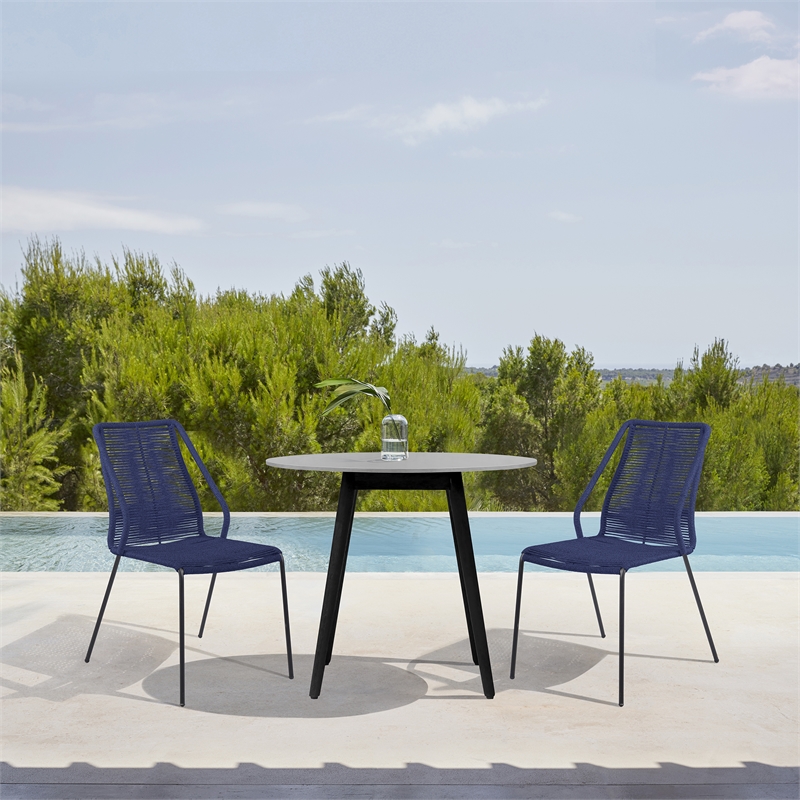 Armen Living Sydney Clip Outdoor 3-Piece Fabric/Wood Dining Set in Black/Blue