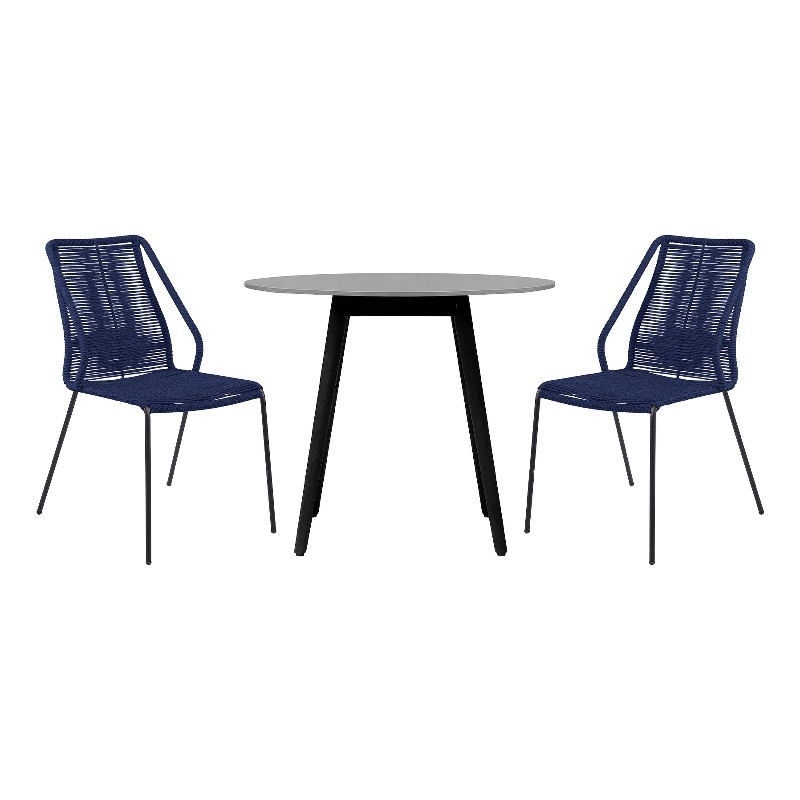 Armen Living Sydney Clip Outdoor 3-Piece Fabric/Wood Dining Set in Black/Blue