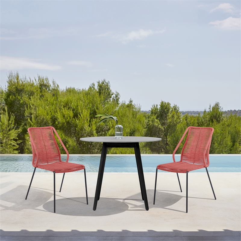Armen Living Sydney Clip Outdoor 3-Piece Fabric/Wood Dining Set in Black/Brick