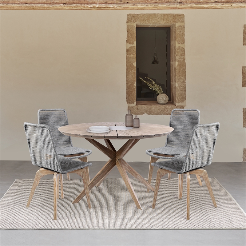 Armen Living Sachi 5-Piece Wood/Rope Outdoor Dining Set in Light Brown/Gray