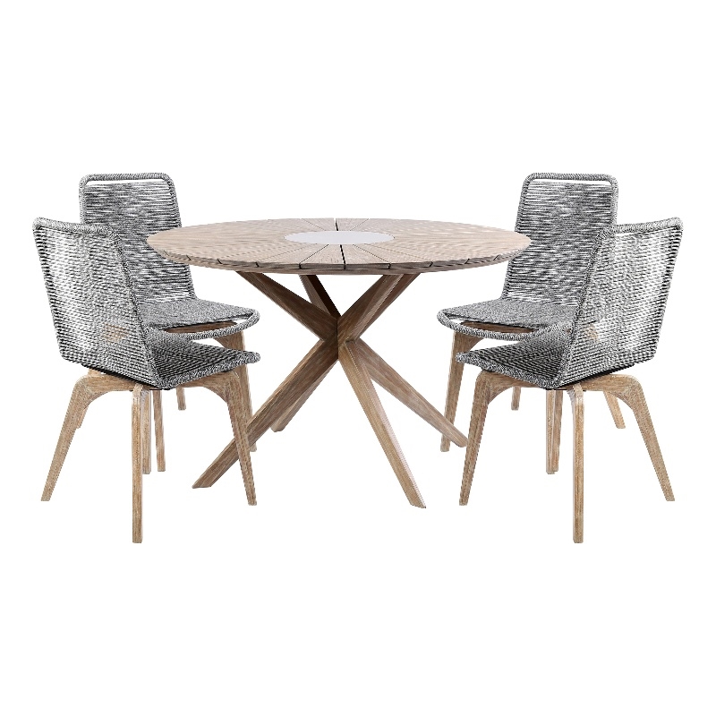 Armen Living Sachi 5-Piece Wood/Rope Outdoor Dining Set in Light Brown/Gray