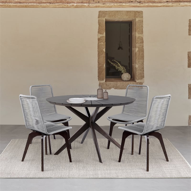 Armen Living Sachi 5-Piece Wood/Rope Outdoor Dining Set in Dark Brown/Light Gray