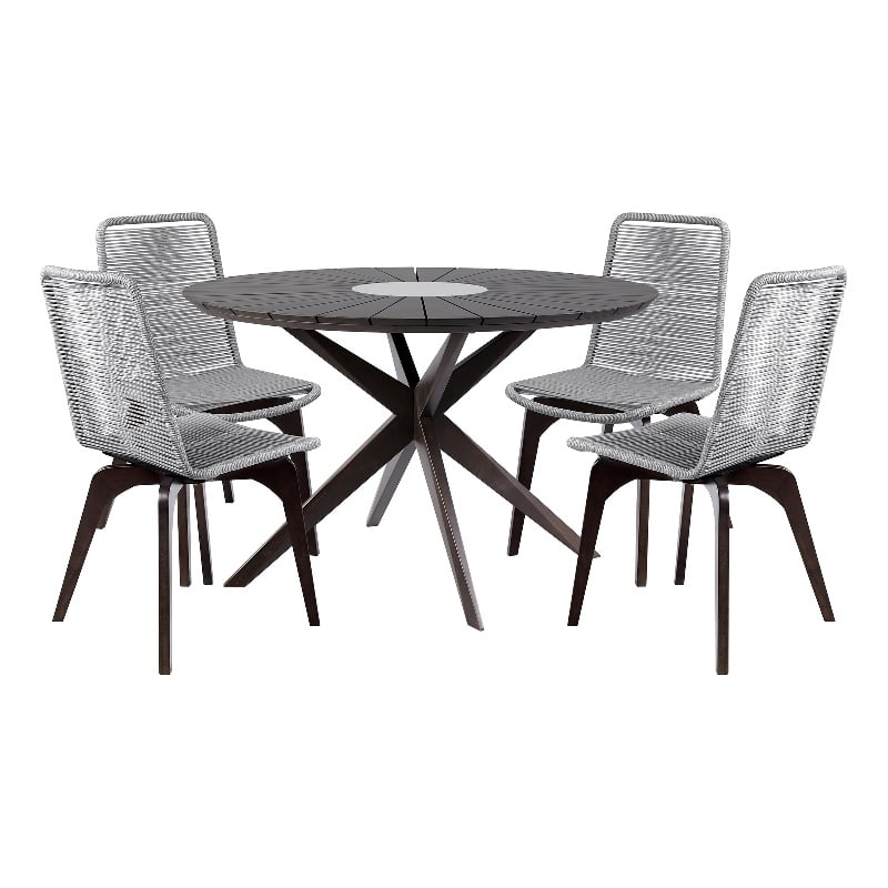 Armen Living Sachi 5-Piece Wood/Rope Outdoor Dining Set in Dark Brown/Light Gray