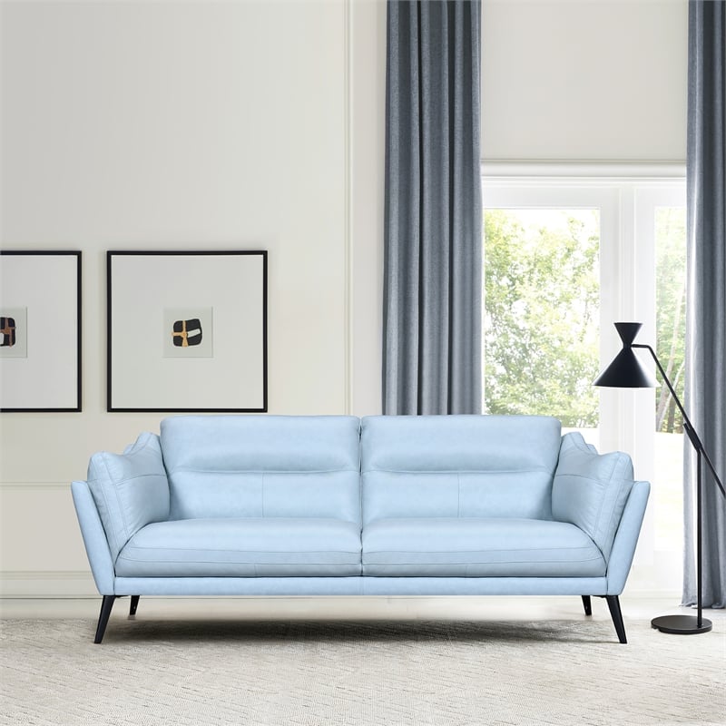 Armen Living Franz Upholstered Metal & Leather Sofa in Black/Sky Blue