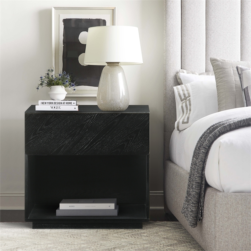 Armen Living Petra 1-Drawer Mid-Century Wood Nightstand in Black