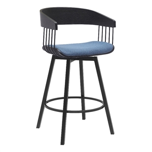 Armen Living Athena 27&quot Swivel Wood & Fabric Counter Stool in Black/Blue