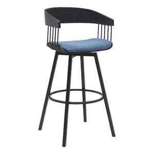 Armen Living Athena 31&quot Swivel Wood & Fabric Bar Stool in Black/Blue