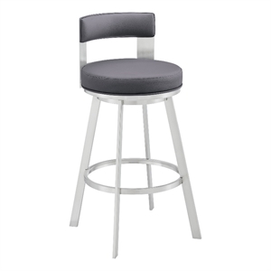 Armen Living Flynn 26&quot Swivel Metal & Faux Leather Counter Stool in Silver/Gray