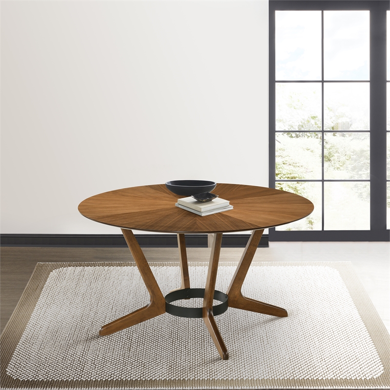 Armen Living Santana Round Wood Dining Table with Splayed Legs in Walnut