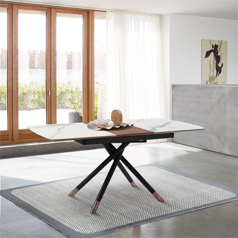 Armen Living Alora Wood & Ceramic Extendable Dining Table in Walnut/Light Gray