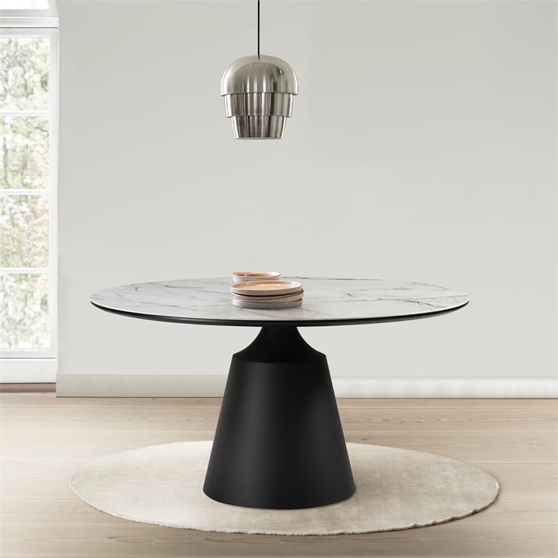 Armen Living Knox Round Stone & Metal Dining Table in Gray/Black