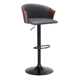 Armen Living Lydia 33&quot Adjustable Wood & Faux Leather Bar Stool in Walnut/Gray