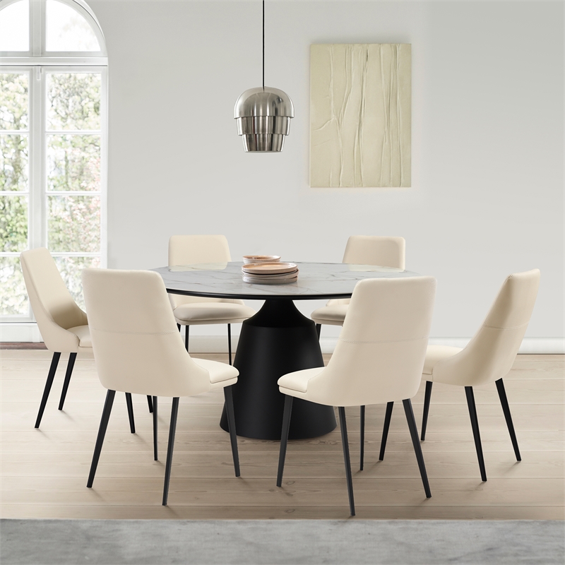 Knox Genesis 7 Piece Dining Set with Stone Top and Beige Faux Leather Chairs