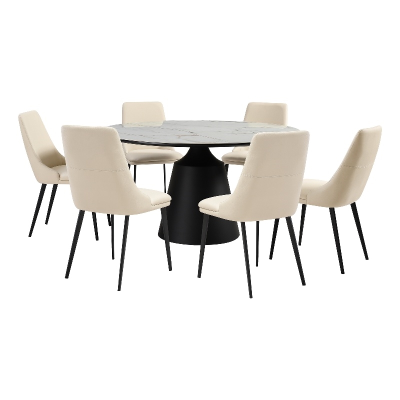 Knox Genesis 7 Piece Dining Set with Stone Top and Beige Faux Leather Chairs