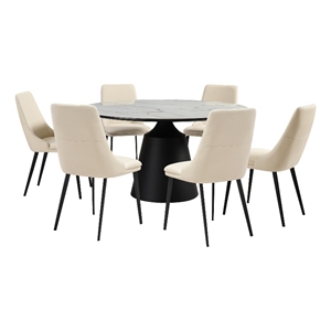 Knox Genesis 7 Piece Dining Set with Stone Top and Beige Faux Leather Chairs