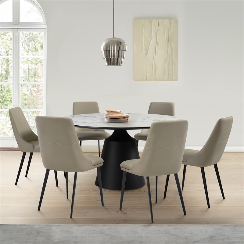 Knox Genesis 7 Piece Dining Set with Stone Top and Taupe Gray Faux Leather Chair