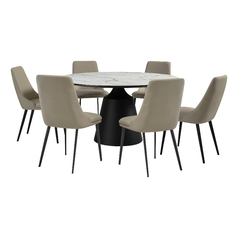 Knox Genesis 7 Piece Dining Set with Stone Top and Taupe Gray Faux Leather Chair