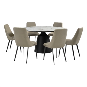 Knox Genesis 7 Piece Dining Set with Stone Top and Taupe Gray Faux Leather Chair