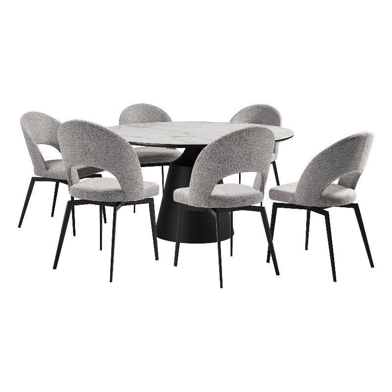 Knox Lucia 7 Piece Dining Set with Stone Top and Gray Fabric Chairs