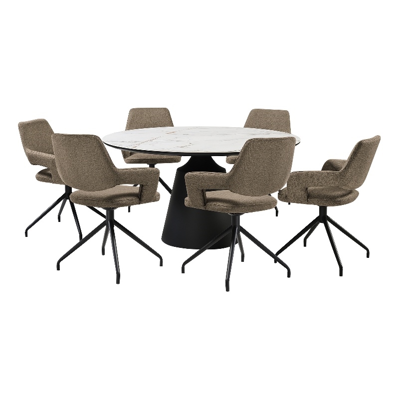 Knox Penny 7 Piece Dining Set with Stone Top and Brown Fabric Chairs