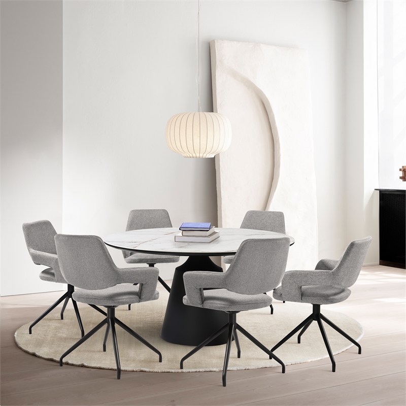 Knox Penny 7 Piece Dining Set with Stone Top and Gray Fabric Chairs