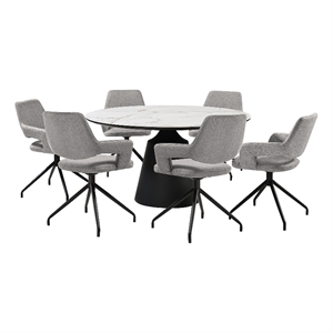 Knox Penny 7 Piece Dining Set with Stone Top and Gray Fabric Chairs
