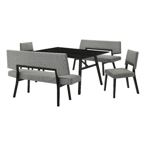 Channell 5 Piece Black Wood Dining Table Set with Benches in Charcoal Fabric